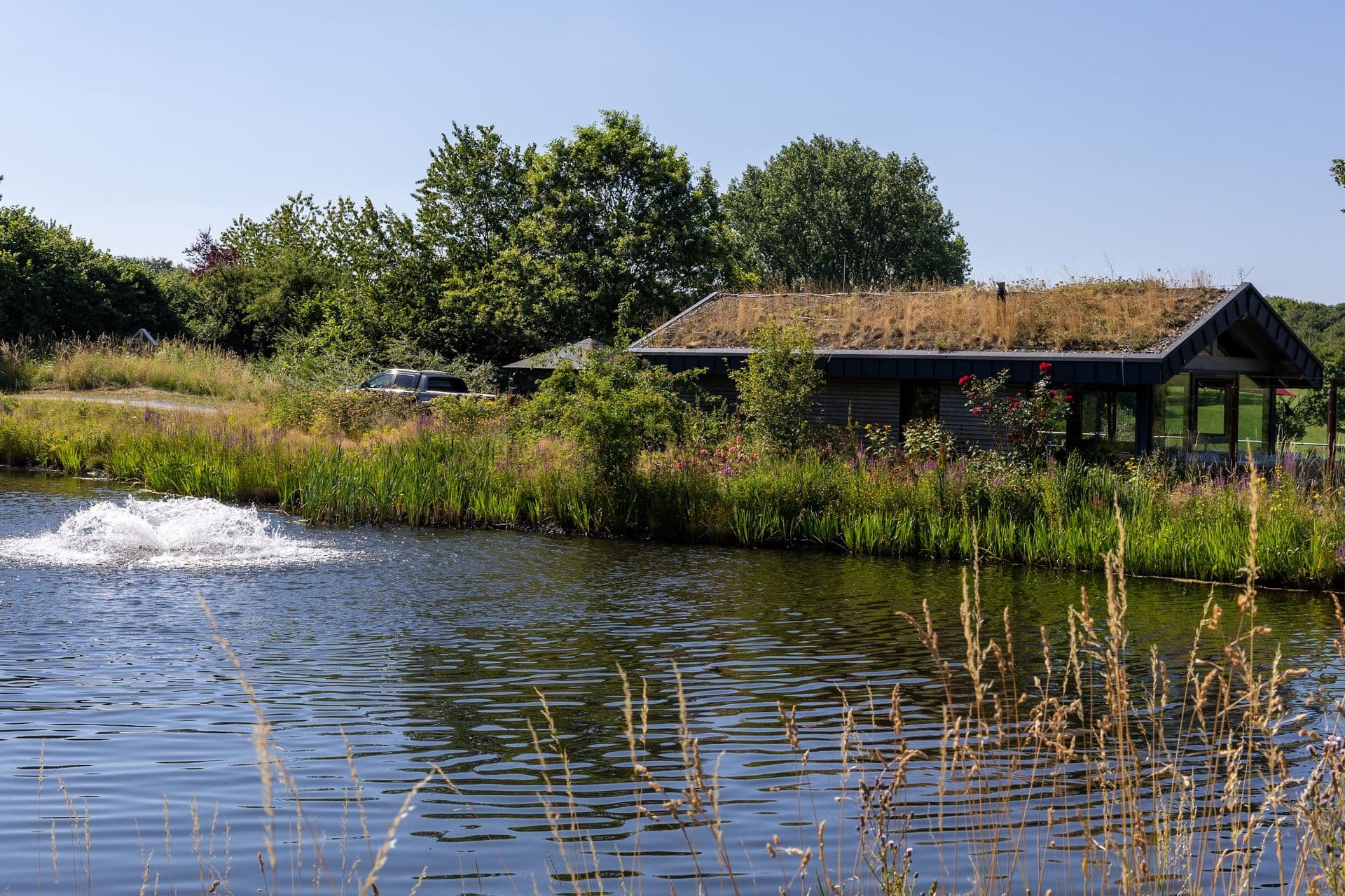 Teich mit Fontäne am Halfway House, nur 100 m vom Gästehaus Hassel 14